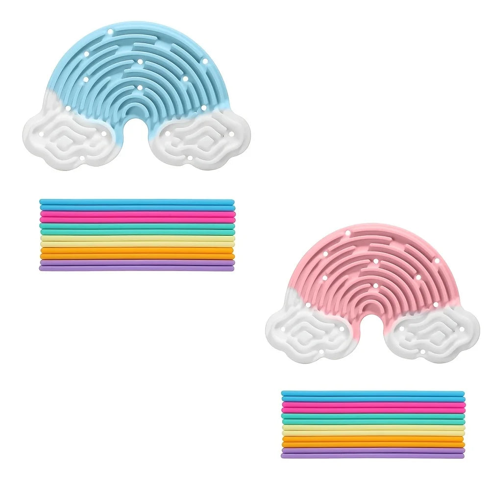 A set of rainbow colored silicone sensory boards featuring cloud and wave patterns for fine motor development.