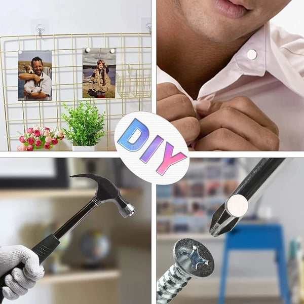 A set of decorative fridge magnets and tools for DIY crafts including a hammer and a screwdriver.