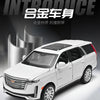 A white 1:32 diecast Cadillac Escalade pull-back model car is displayed against a dark background.