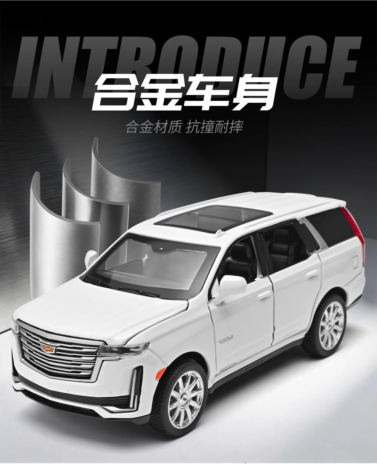 A white 1:32 diecast Cadillac Escalade pull-back model car is displayed against a dark background.