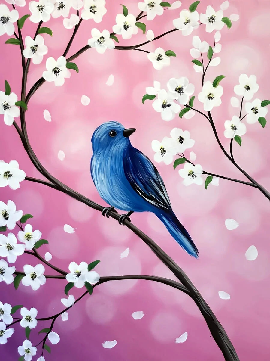A blue bird perched on a branch surrounded by white blossoms against a pink background.