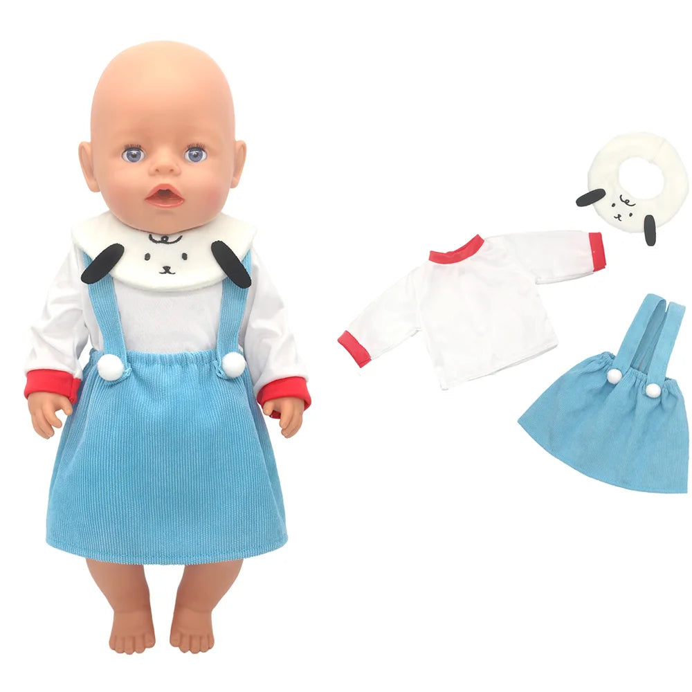 A baby doll wearing a blue outfit set with a white accessory and a white ring.