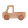 A wooden dinosaur toy car shaped like a vehicle for baby teethers.