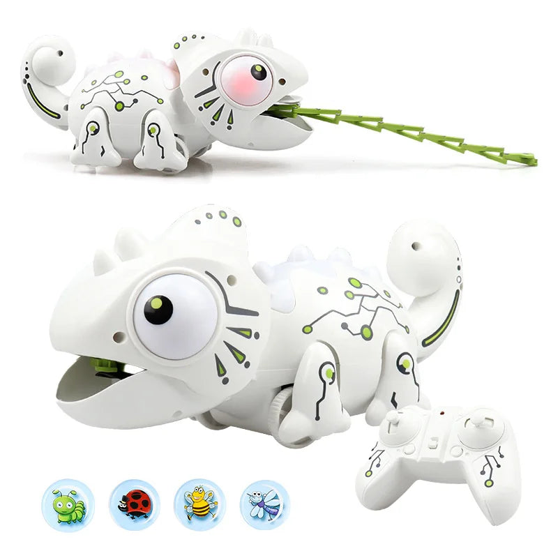 A white remote control chameleon toy with a large eye, green appendage, and small insect icons.