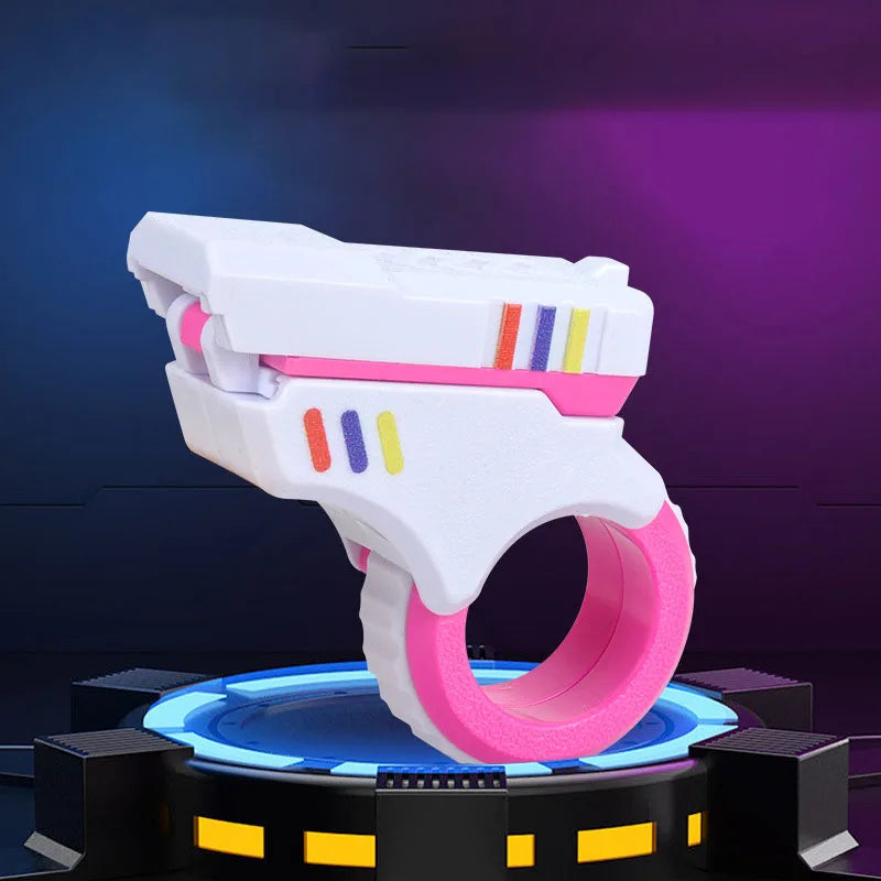 A white magnetic fidget push card with a spinner is displayed on a dark platform.