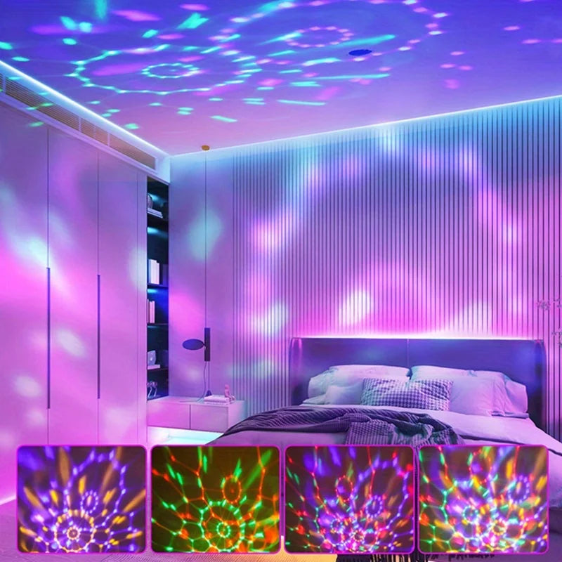 A bedroom featuring purple and blue LED lighting, including a backlit headboard and a wall with vertical light strips.