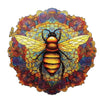 A colorful wooden puzzle featuring a bee, flower, and cat in a circular design.