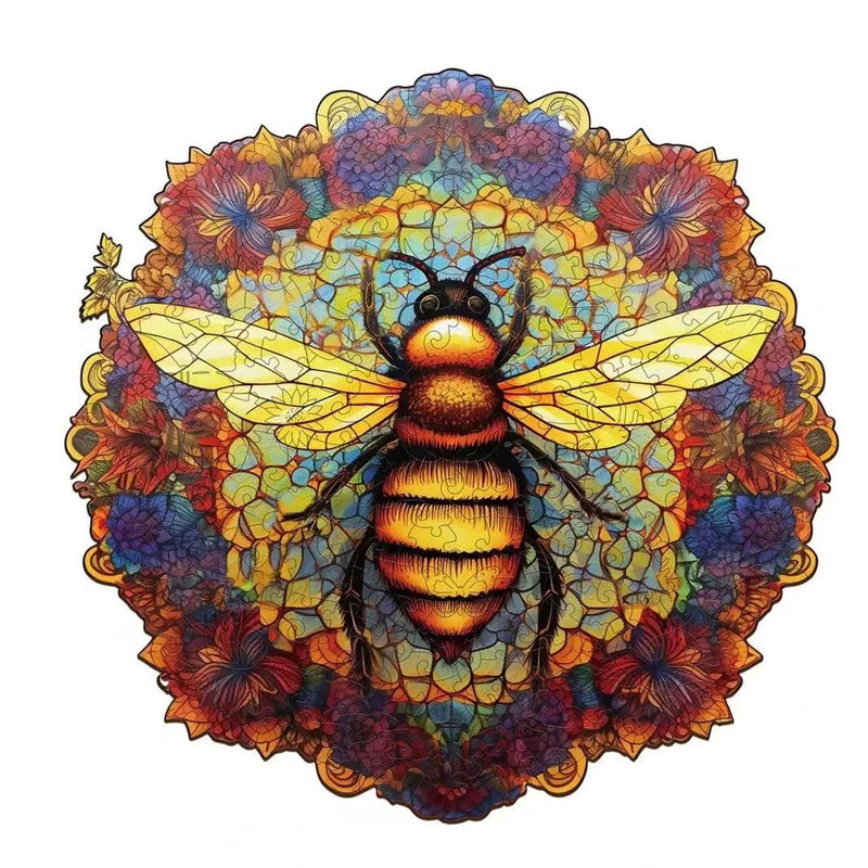 A colorful wooden puzzle featuring a bee, flower, and cat in a circular design.