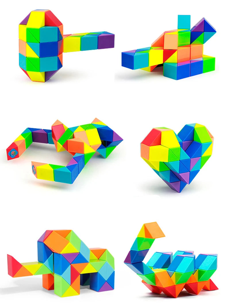 Colorful magic snake cube 3D puzzle fidget toy shown in various shapes and arrangements