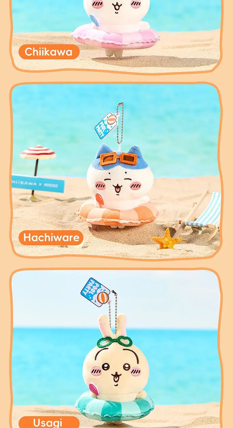 A cute white plush character with a pink swimming ring is shown on a sandy beach.
