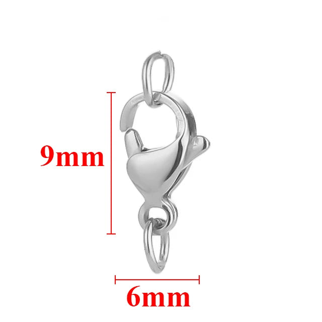 Silver stainless steel lobster clasps and jewelry connectors set with 9mm and 6mm measurements