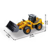 A yellow and black alloy remote control engineering vehicle set with a front scoop and detailed features.