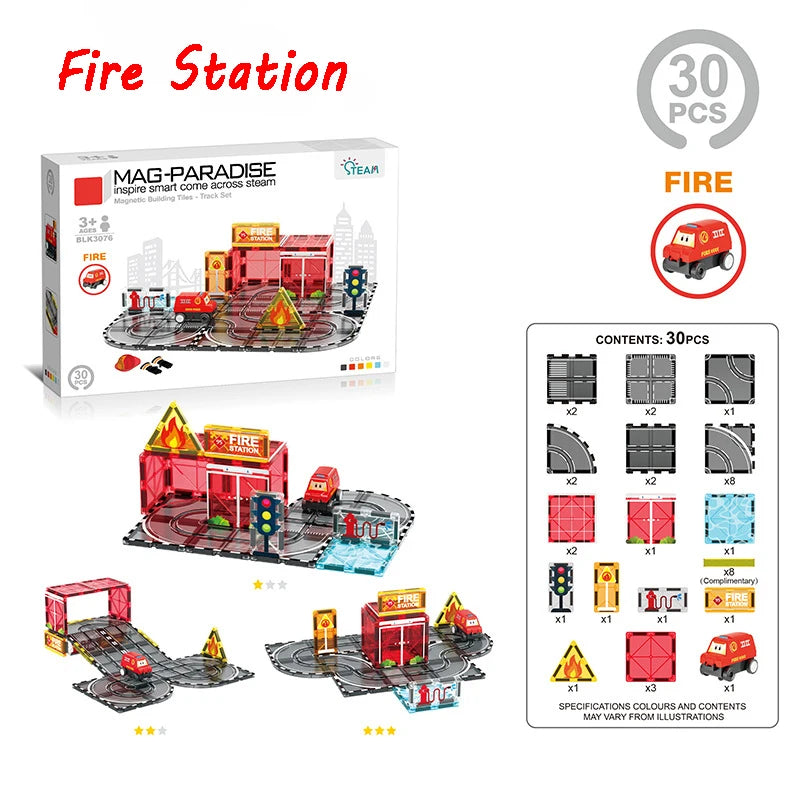 A box of Mag-Paradise fire station building tiles and road set with an electric car for building.