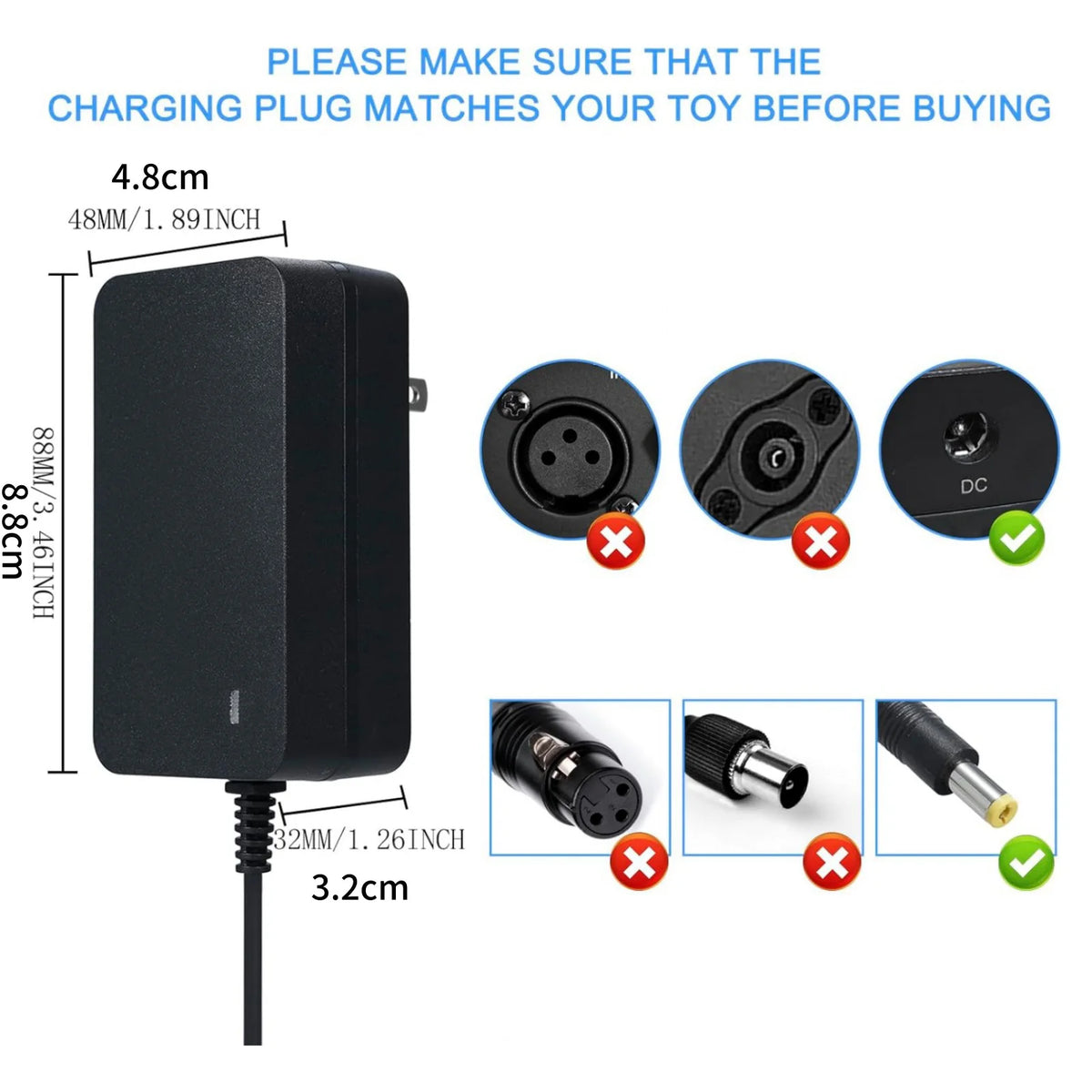 A black 24V battery charger with a DC plug and LED indicator for electric ride-on cars.