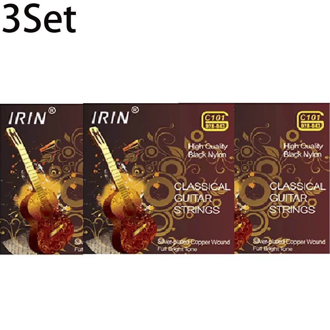 A set of classical guitar strings including clear nylon and silver-plated copper wound strings.