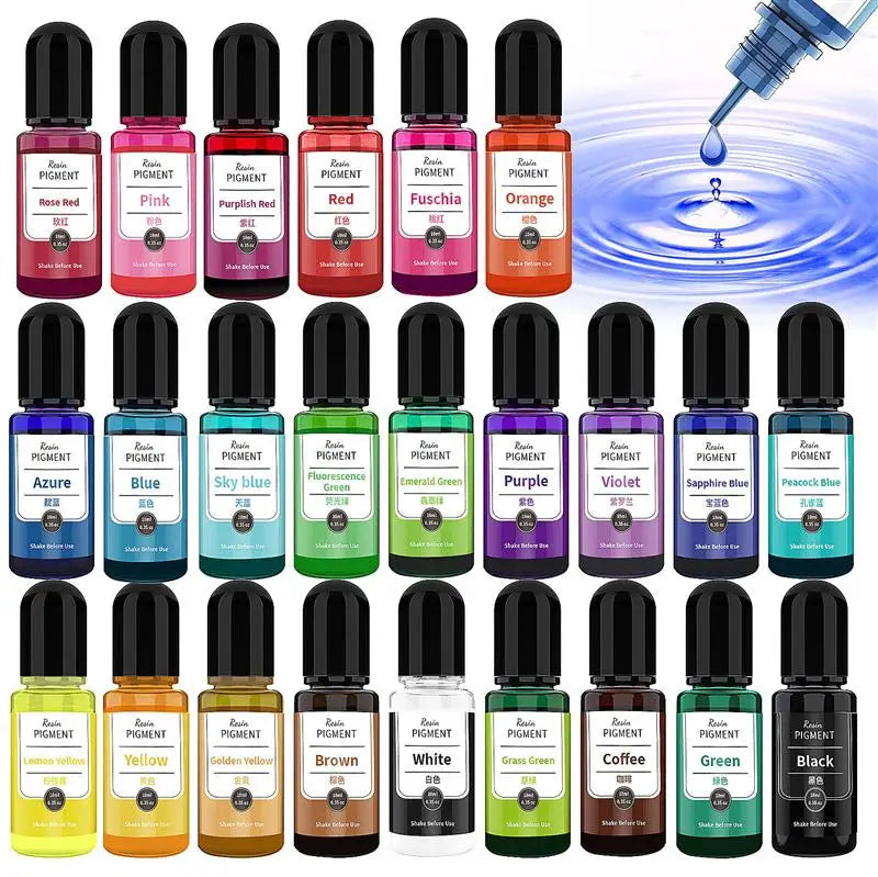 A collection of 24 alcohol ink pigments in various colors including red, pink, purple, and green for resin and jewelry making