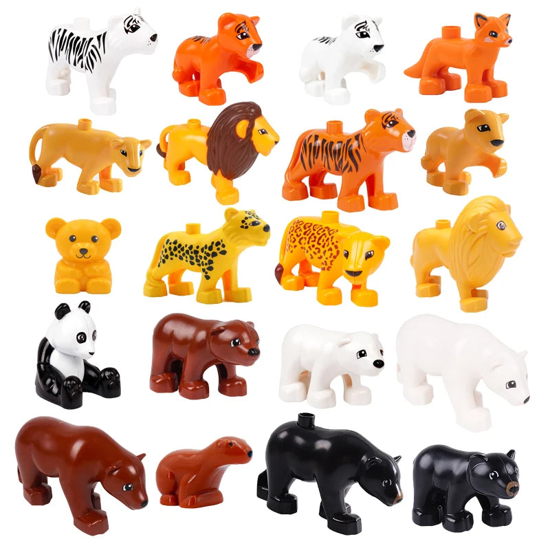 A set of zoo animal building blocks featuring various animals like a lion, bear, tiger, elephant, and panda.