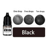A set of black liquid candle wax pigment drops shown in various quantities: one, five, and ten drops.