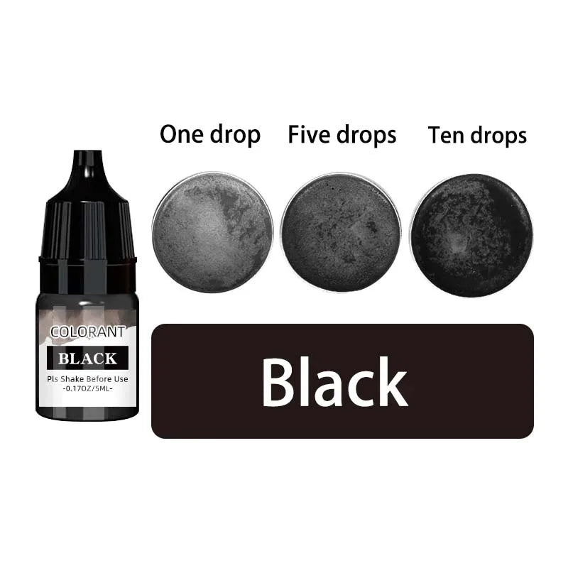 A set of black liquid candle wax pigment drops shown in various quantities: one, five, and ten drops.
