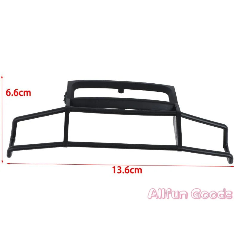 Black heavy duty front bumper for 1/10 scale RC crawler trucks with dimensions 6.6cm by 13.6cm