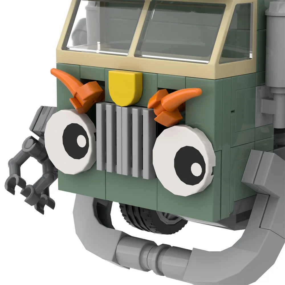 A green and yellow trash truck building block set with working dump function.