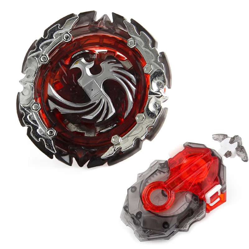 A dark red and silver metal spinning top battle set with a string launcher.