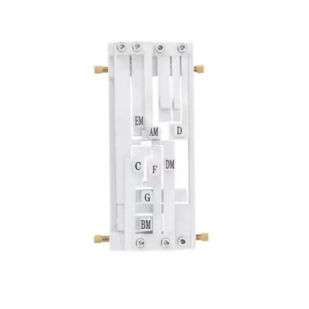 A white beginner guitar chord trainer with labeled fret positions for practicing chords.