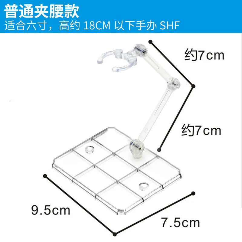 A clear adjustable stand with a curved arm and a square base for displaying action figures or models.