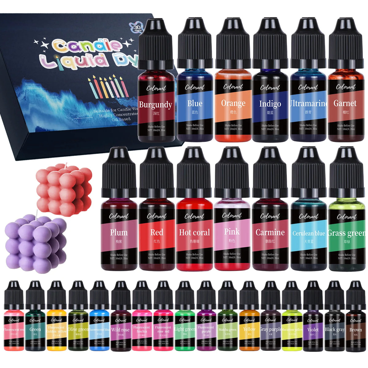 A collection of 12 glass bottles of vibrant candle liquid dye pigments in various colors like Burgundy, Blue, Orange, and Gar