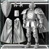 A silver articulated paladin action figure with a helmet, armor, and flowing cape is displayed alongside accessories.