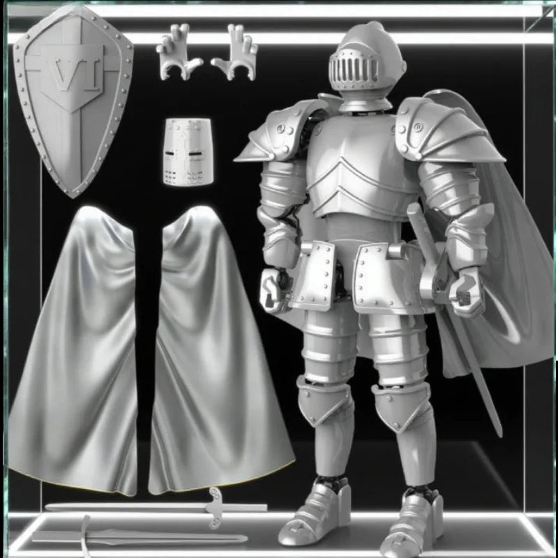 A silver articulated paladin action figure with a helmet, armor, and flowing cape is displayed alongside accessories.