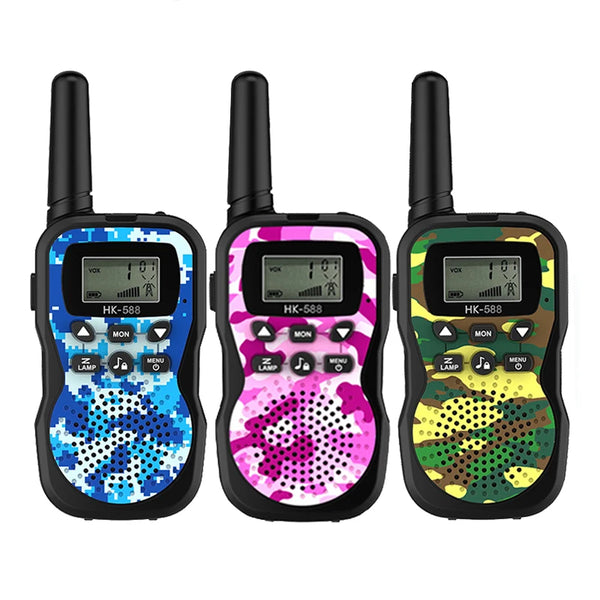 Three black walkie talkies with colorful camouflage patterns and blue accents.