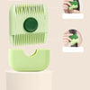 A green 2-in-1 baby hair cutting comb shown in various forms and usage examples.