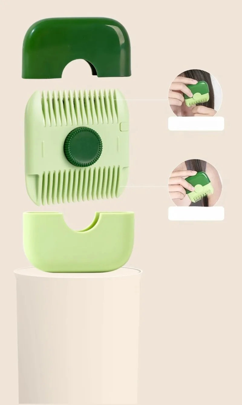 A green 2-in-1 baby hair cutting comb shown in various forms and usage examples.