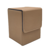 A tan leather deck box with a hinged lid, designed to hold trading cards.
