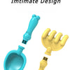 A combined sand shovel set featuring a blue scoop and a yellow hand shovel for play.