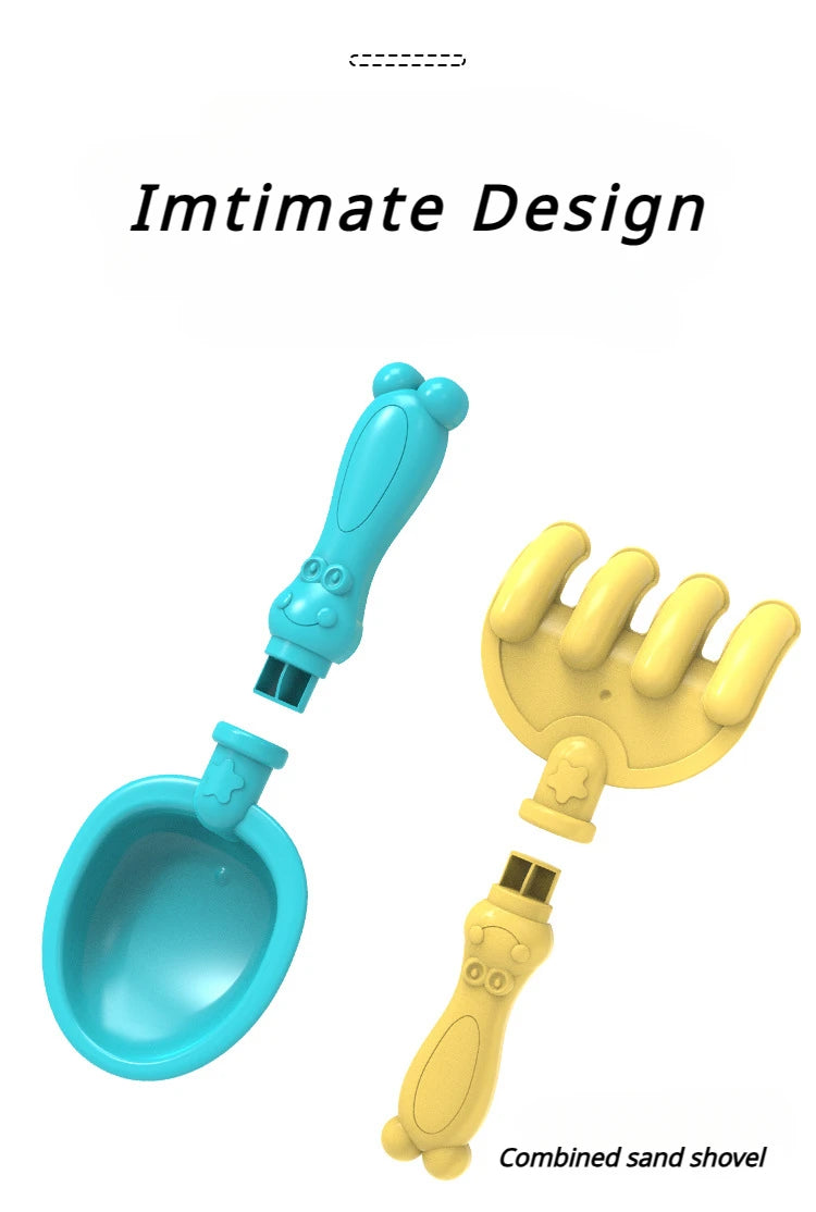 A combined sand shovel set featuring a blue scoop and a yellow hand shovel for play.