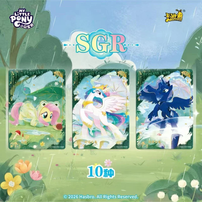 A set of twelve My Little Pony collection cards featuring characters like Princess Luna and others, displayed against a green