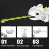 A white remote control chameleon toy is shown in three steps: mobile, aiming at a target, and catching food.