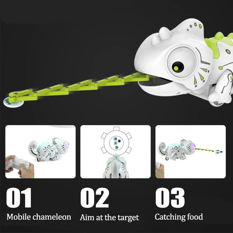 A white remote control chameleon toy is shown in three steps: mobile, aiming at a target, and catching food.