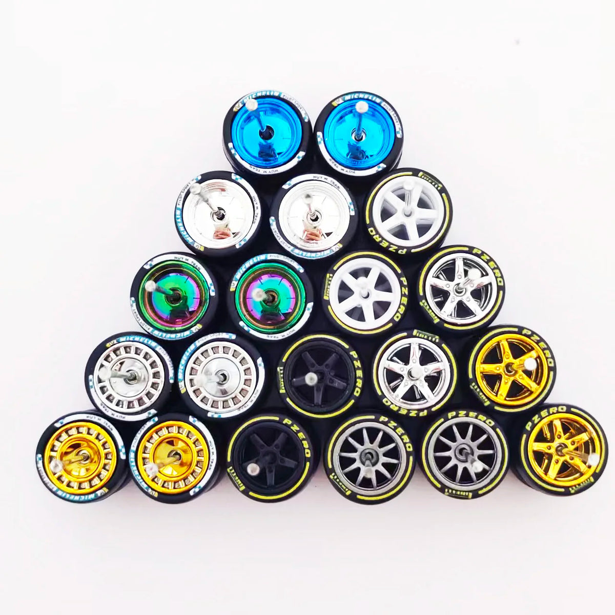 1/64 Scale Alloy Car Wheels with Rubber Tires - 10 Sets