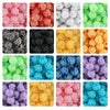 A grid of colorful resin beads with various glitter and pearl finishes for jewelry making