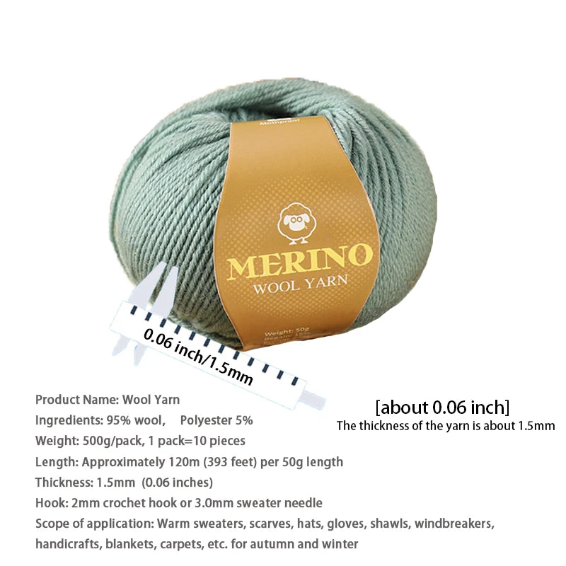 A ball of light green Merino wool yarn labeled Wool Yarn for knitting