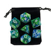 A black storage bag containing a set of polyhedral dice, including a 20-sided die and several other dice.