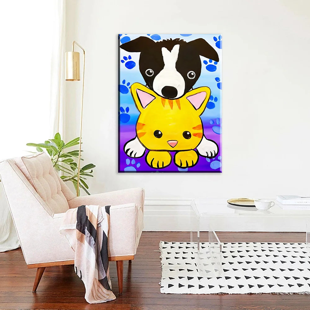 A vibrant paint by numbers canvas art featuring a black and white dog and a yellow cat on a blue and purple background.