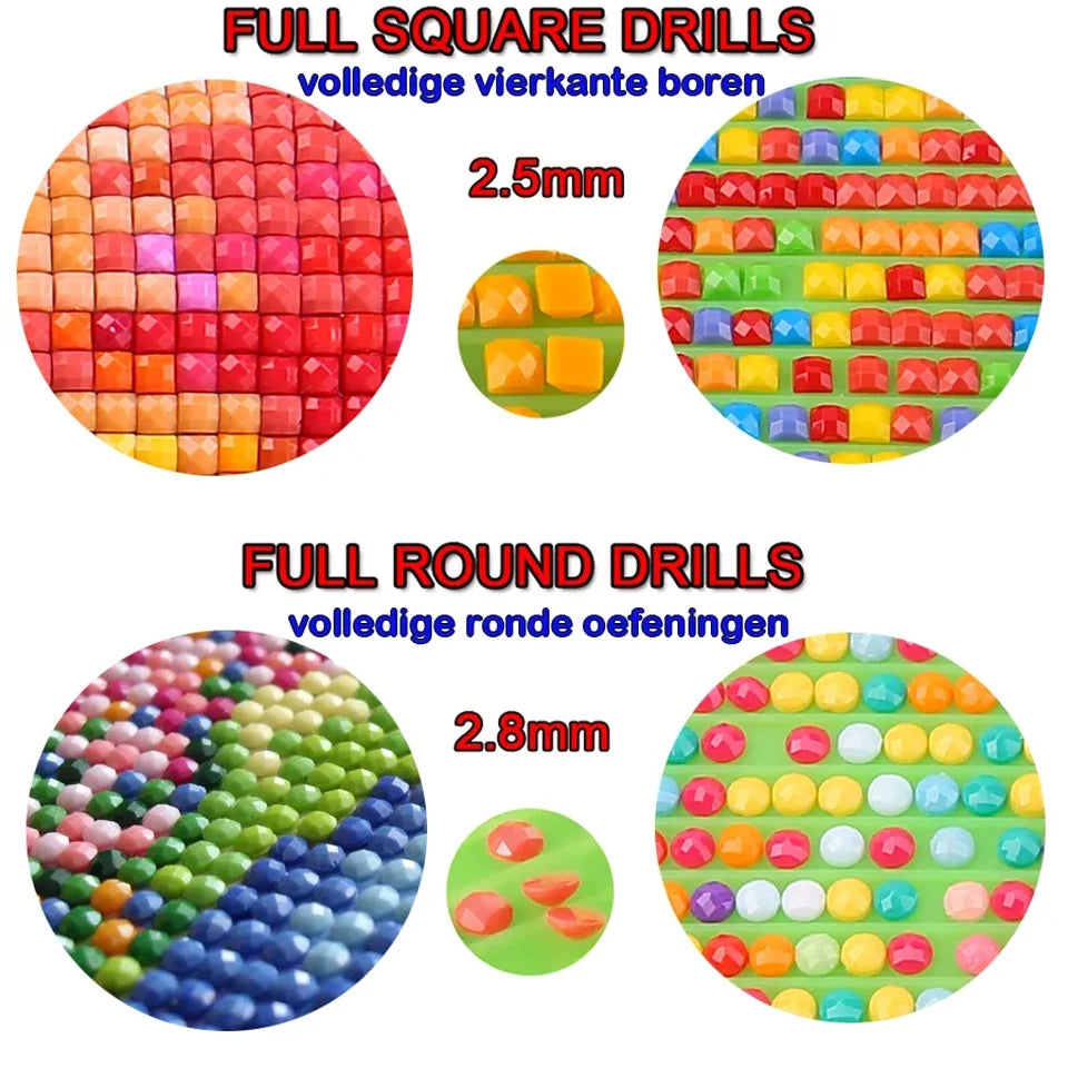 A set of full square and round drills for diamond painting, showing various colored beads.