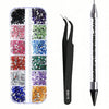 A set of multi-size flat back acrylic rhinestones in various colors arranged in compartments for nail art and DIY crafts.