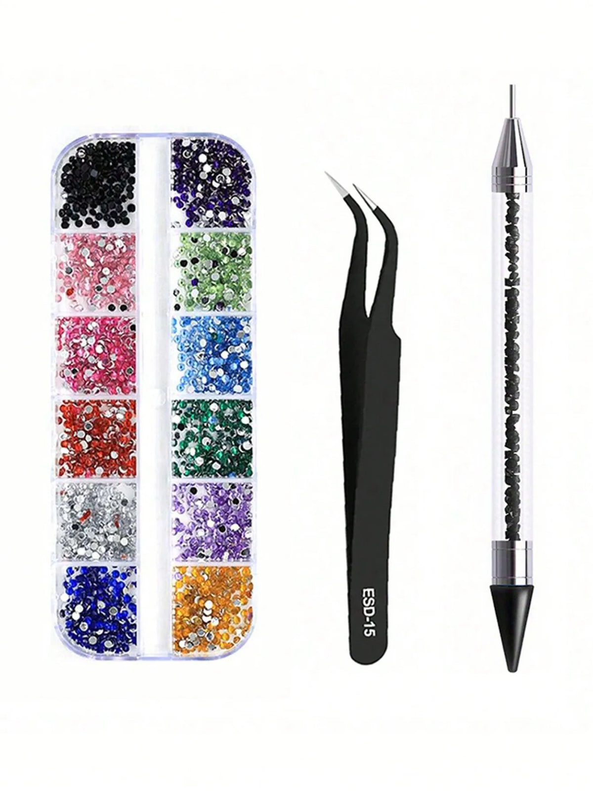 A set of multi-size flat back acrylic rhinestones in various colors arranged in compartments for nail art and DIY crafts.