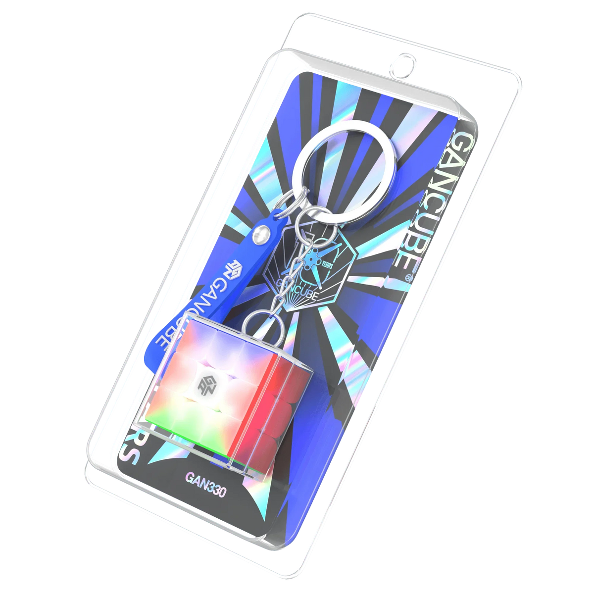 A magnetic speed cube set featuring a blue and silver design with a key chain and a cube component.