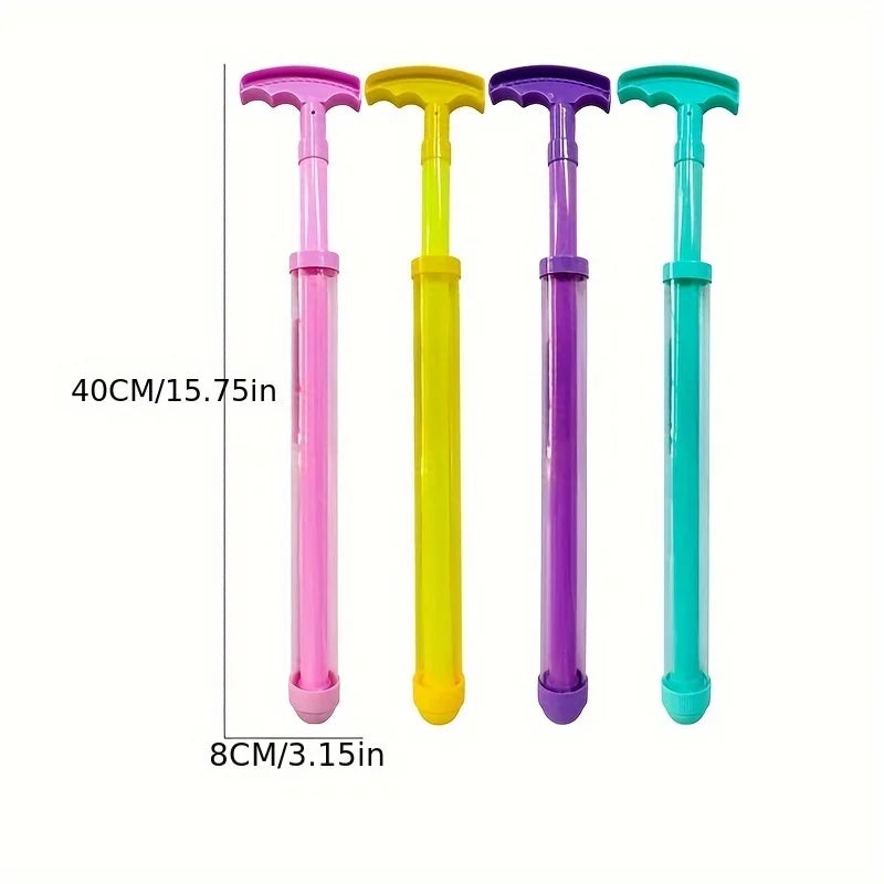 A set of four colorful water spray toys for kids in pink, yellow, purple, and teal.